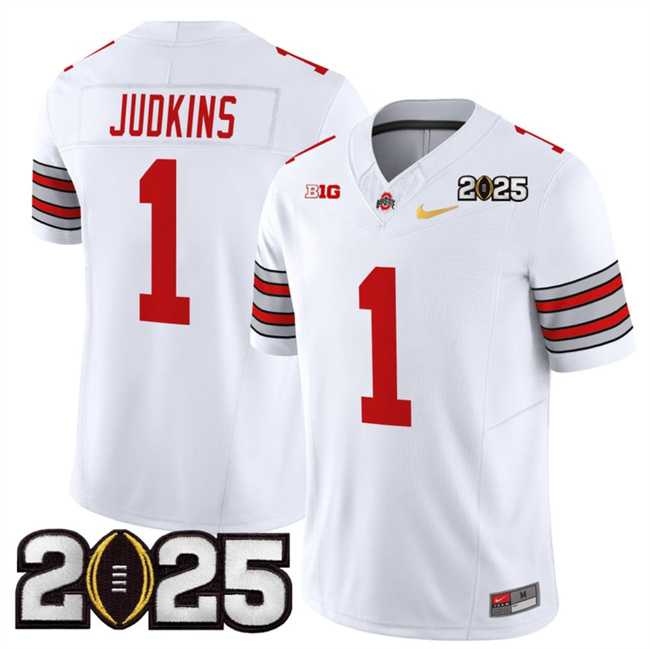 Men%27s Ohio State Buckeyes #1 Quinshon Judkins White Gold 2025 CFP Final Patch F.U.S.E. Vapor Limited Stitched Football Jersey